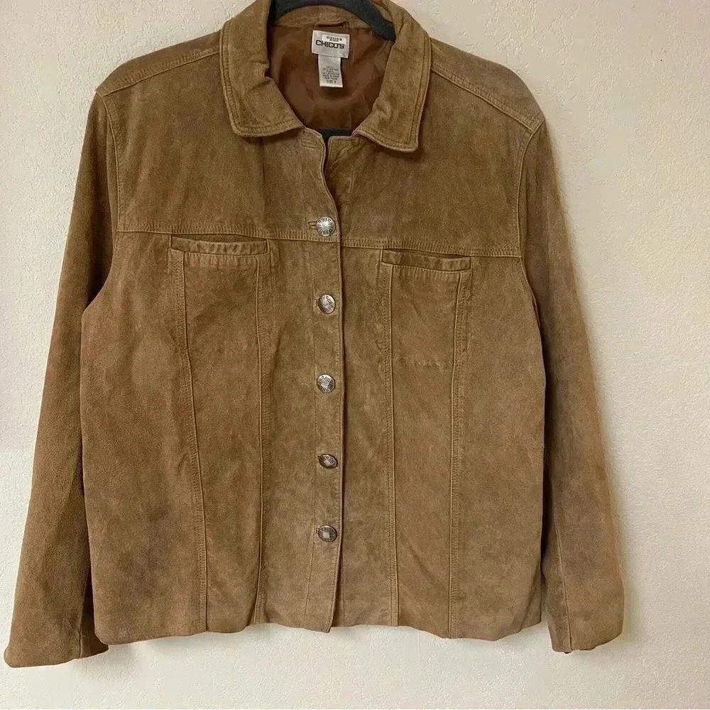 Chico's Womens Size 3 Suede 100% Leather Lined Tan Jacket With Metal Buttons